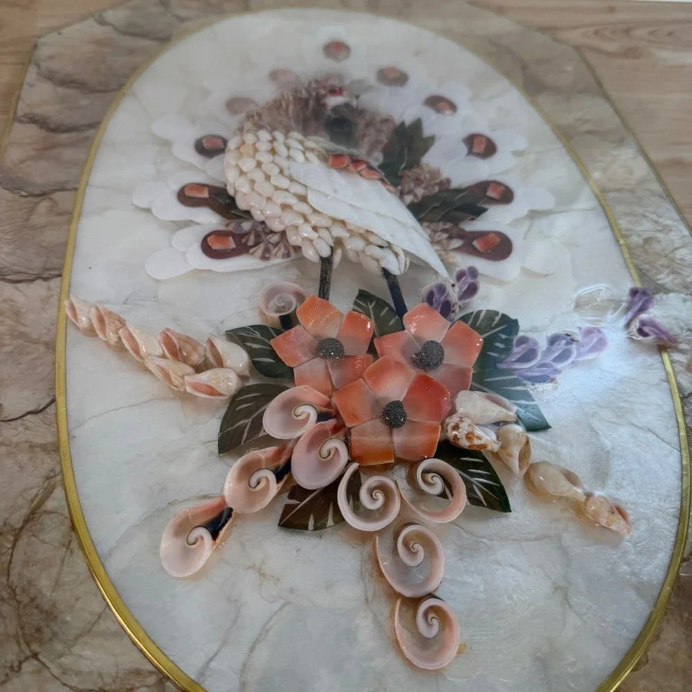 Vintage Mother of Pearl Seashell Mosaic Art Floral Peafowl Classic Wall Plaque